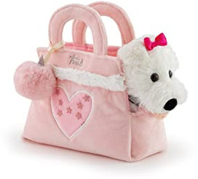 Trudi Fashion Pets 29616 Plüschhund Chloe in Einer Modetasche 9 x 16 x 17 cm (XS), hochwertiges Stofftier mit weichen Materialien, Tragetasche für Hund, waschbar, Kuscheltier für Kinder, Weiß/Rosa