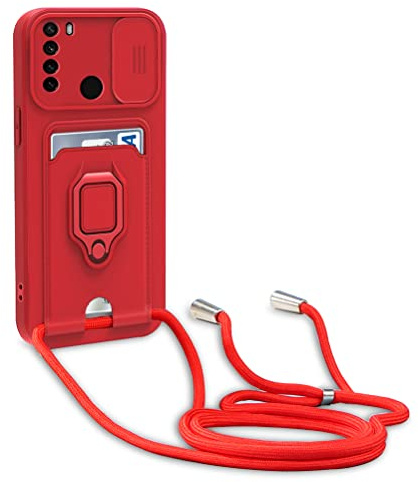 yanasuo Schiebe Kameraschutz Silikon Handykette Hülle kompatibel mit Xiaomi Redmi Note 8, Metall Ring Halter Handy Cover,Verstellbarer Halskette Handyhülle-Rot