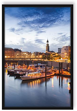 Pixxprint Hamburger Hafen am Abend, Poster im Bilderrahmen, Format: 38x30cm, Kunstdruck gerahmt
