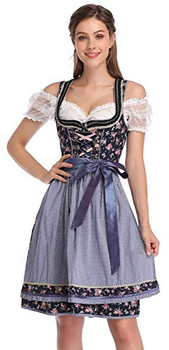 KOJOOIN Costume traditionnel pour femme Dirndl Oktoberfest 3 pièces - Jupe midi fantaisie, robe, tablier, Bleu marine., L