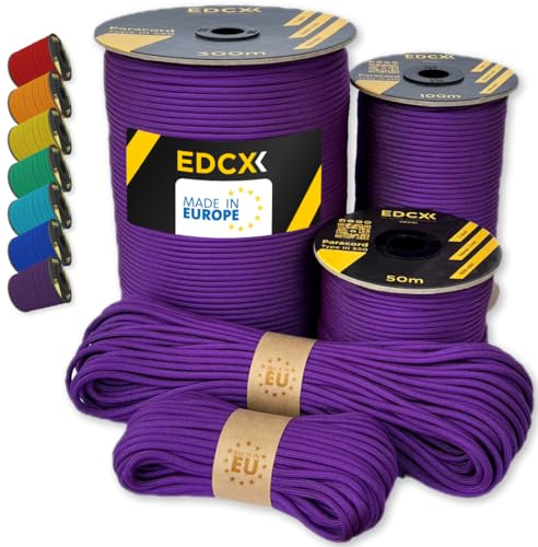 EdcX Paracord 550 4mm, 35+ Solid Colors (10m, 15m, 30m, 50m, 100m, 300m) | Purple, 300 m – 100% Nylon Rope 4mm, Type III 7 strand | Survival, Camping, Bushcraft, Crafts | Made in EU