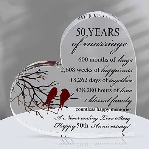 VELENTI 50th Golden Wedding Anniversary Present for Him, Her - Romantic Acrylic Heart-Shaped gift for Parents, Grandparents - with Quote