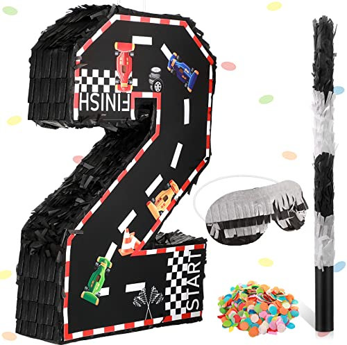 Sratte Piñata mit Rennwagen-Nummer, klein, mit Augenbinde, Fledermaus und Konfetti für Jungen, Rennwagen, Motto-Party, Geburtstag, Jahrestag, Feier, Partyzubehör, 40,6 x 27,6 x 7,6 cm (Nummer 2)
