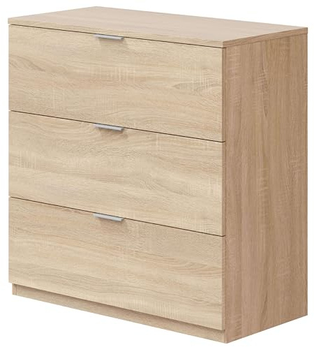 Habitdesign, Kommode mit 3 Schubladen, Schlafzimmer, LowCost, Eichen-Finish, Maße: 77 cm (Breite) x 80 cm (Höhe) x 38 cm (Tiefe)