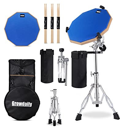 GrowDaily Schlagzeug-Übungspad, Snaredrum-Ständer-Set, 30,5 cm, mit blauem, doppelseitigem, leisem Schlagzeug-Pad, Trommeldämpfer, Gel, Trommelstöcke, Tragetasche, verstellbarer Ständer (passend für