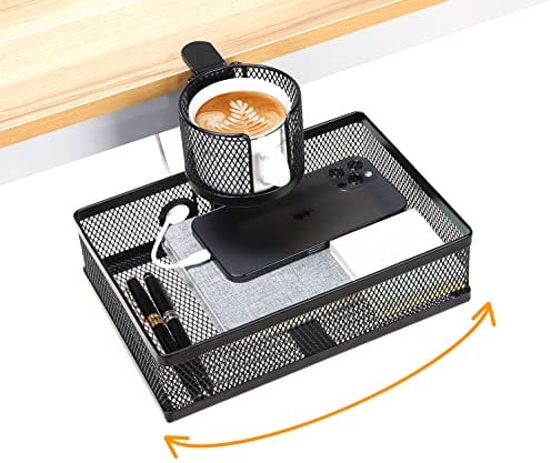 DramLan Organiseur de Bureau Rotatif 360° Avec Porte-Gobelet et Tiroir Caché - Grande Capacité de Rangement Sous le Bureau Pour la Maison et le Travail