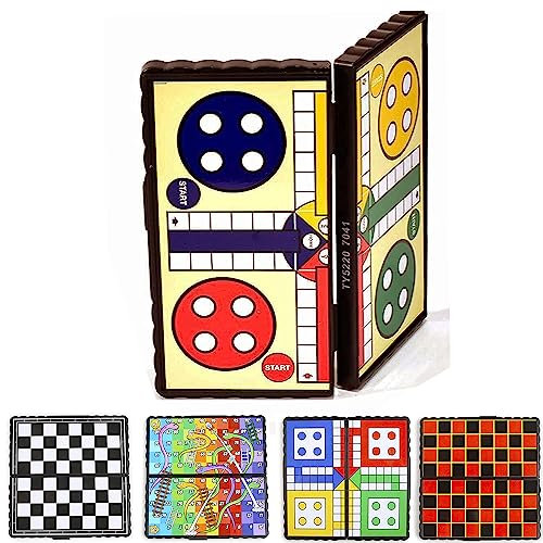 HMN 4 Mini Magnetic Games, Pack Of 4 Travel Games For Kids Including Chess, Ludo, Draughts and Snakes And Ladders Game For Kids, Mini Travel Board Games for Kids