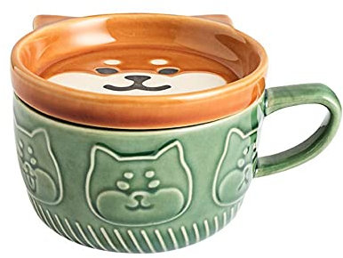 Pokinge 1 taza de cerámica de dibujos animados con tapa, taza de desayuno creativa, tazas de café con tapa, juego de taza de porcelana de perro lindo, vaso kawaii, vajilla de cocina