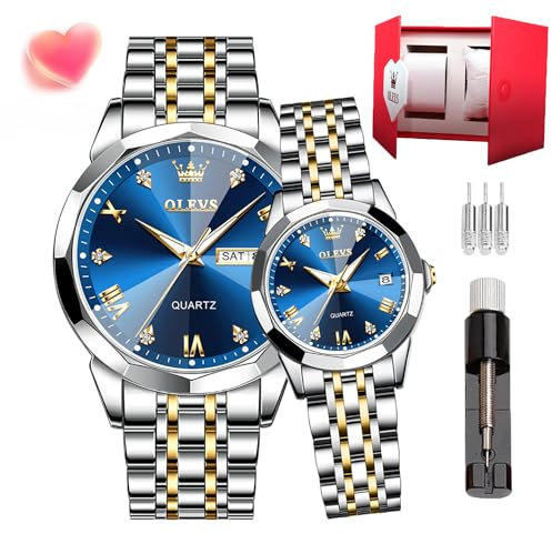 OLEVS Paar Quarzuhren, leuchtender Kalender, Datumsfenster, 3 ATM wasserdicht, lässig, Edelstahl, für Sie und Ihn, Armbanduhr für Männer, Frauen, Liebhaber, Hochzeit, romantisch, 9931-blaues