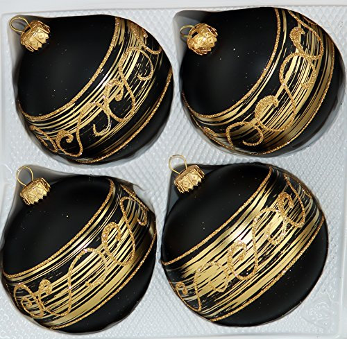 Matte Schwarze Weihnachtskugeln aus Glas mit goldenen Glitzerapplikationen - Durchmesser 8 cm 4er Set