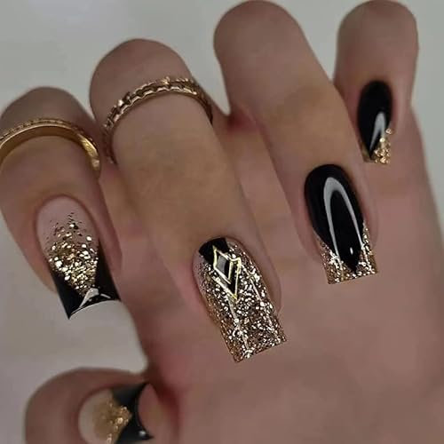 MouyouGlow Press on Nails Kurz,Square Nude Schwarz French Gold Glitzer Bling Glossy Fake Nails Kunstnägel mit Nagelkleber,Black Künstliche Fingernägel …