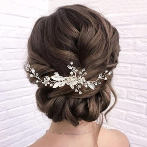 Accessoire Cheveux de Mariage Feuilles Vignes Décoratif avec Fleurs pour Coiffure de Mariée - Pour Mariages et Fêtes (Argent)