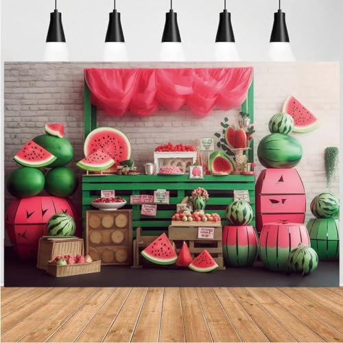 Summer Fruit Photography Backdrops Watermelon Cake Smash Background Newborn Child Birthday Party Photo Shoot Props Watermelon Party Backdrop Baby Shower Photocall, 5x3 Feet, Green, Pink, Vinyl