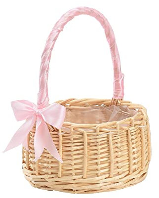 2 PCSA Paniers de Fille de Fleur de Mariage, Petit Panier en Osier Rustique avec Poignée, Panier de Pique-Nique de Panier de Fille de Fleur Tissé, Paniers en Osier de Fleurs Artificielles(Roses, L)
