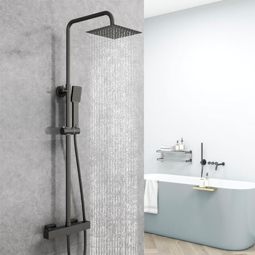 AICA Colonna Doccia con Miscelatore Termostatico, Rubinetto Doccia 283x40mm, Soffione Doccia Quadrato in Acciaio Inox 20x20cm, Altezza Regolabile 735-1170mm, Set Doccia Completo Nero