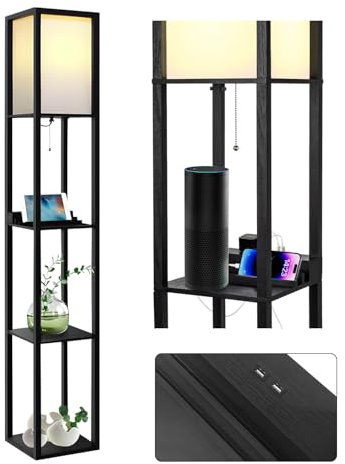 KALAHOL Floor Lamp Shelf with Remote Control, Wooden Floor Standard Lamp with 2 USB Ports, Dimmable & 3 Colour Temperature Adjustable, 1H Timer, Floor Lamp for Living Room,Bedroom,Office(Walnut Brown)