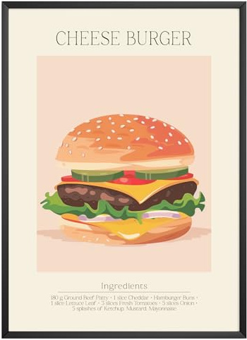MJ-GRAPHICS - Poster Cheese Burger - Bild mit Speisen Rezept & Zutaten - Wandbild Din A3 in Galerie Qualität mit extra dickem 300g Posterpapier - Retro Poster FineArt Kunstdruck ohne Bilderrahmen