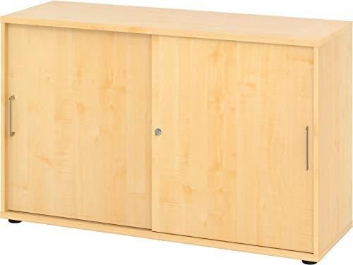 bümö Schiebetürenschrank 2OH - Aktenschrank abschließbar, Sideboard Schrank mit Schiebetüren in Ahorn, Bügelgriff - Büroschrank aus Holz mit Schiebetür, Büro Kommode für Ordner & Co.