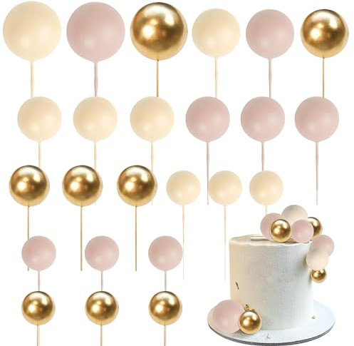 SYKYCTCY 24 Pack Ball Shaped Cake Toppers with Foam Inserts - Mini Balloon Picks for Wedding, Anniversary, Baby Shower, Birthday Party Decoration Supplies