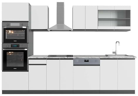 Vicco Küchenzeile R-Line, Weiß/Anthrazit, 300 cm mit Hochschrank, AP Marmor