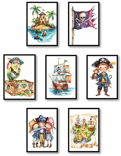 MJ-GRAPHICS® Poster Set Piraten Poster Kinderzimmer Deko, 7xA4 Piratenschiff Wanddeko Kinderzimmer Deko Kinderzimmer Junge Poster Piraten Kinderzimmer, Schatzkarte, Kapitän Steuerrad ohne Rahmen