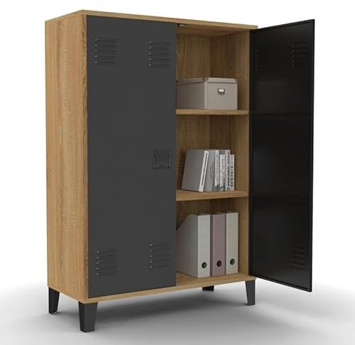 IDMarket - Armoire basse ESTER 2 portes métal noir et contour bois design industriel