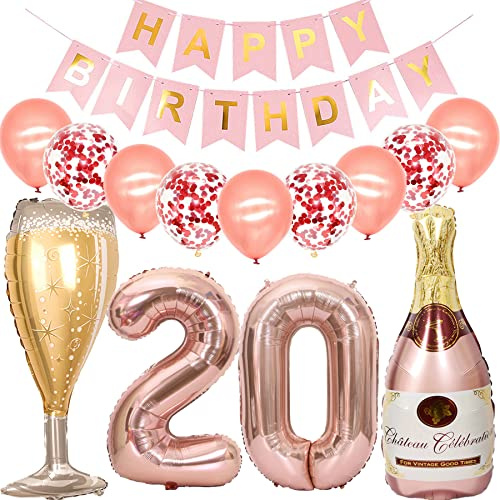 Feelairy Luftballon 20. Geburtstag Deko Frau, Rosegold Folienballon Weinflasche Sektflasche Helium Ballon Champagner Flasche, Girlande Happy Birthday Deko für Geburtstagsdeko 20 Jahre Frauen