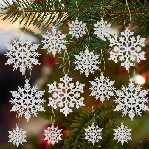 36 Stück Schneeflocke Weihnachtsbaumschmuck Set, 4 Größen Schneeflocken Deko Plastik, Hängende Schneeflocken-Dekorationen, Weihnachtsbaum-Ornamente aus Kunststoff Girlande Deko Weihnachten