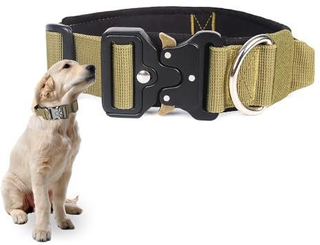 BJEBWAL Polizei Hundehalsband Polizei – Taktisches Hundehalsband mit Griff, 1000D Nylon, Metall-D-Ring für Diensthunde (Kaki, XL)