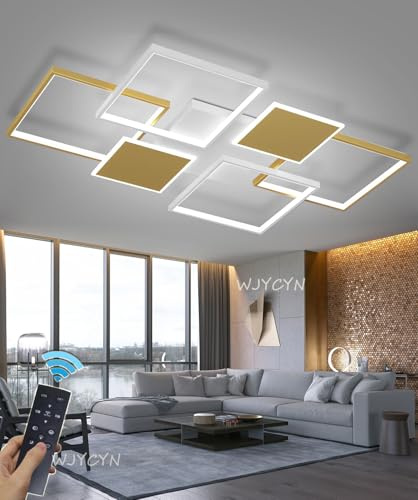 Dimmbar LED Deckenlamape Wohnzimmer Modern Geometrisch Deckenleuchten mit Fernbedienung Rechtecke Design Wohnzimmerlampe aus Aluminium Deckenbeleuchtung für Wohnzimmer Schlafzimmer (Gold, 110cm)