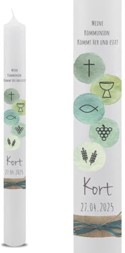 VILLA ROSA LOTTA – Personalisierbare Kommunionkerze Kort mit Wunschdaten und Rückseite | | 40 cm x 4 cm | für Jungen und Mädchen | Motto 2025