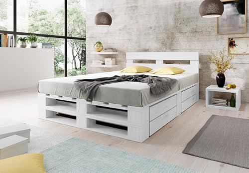 Lermowood Palettenbett M2 aus Holz 200 x 200 cm Weiß mit Kopfteil und 2 Bettkästen Holzbett 40cm Stabiles Seniorenbett Kinderbett Jugendbett Gästebett erhöhtes Bettgestell Futon Komforthöhe Naturholz