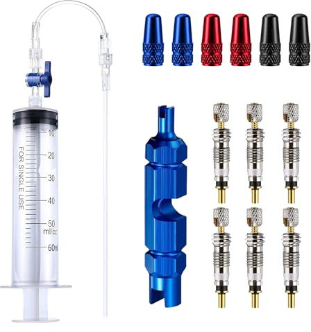 Bwaliffury Seringue de Mastic de Vélo Tubeless Seringue 60ML Tubeless et Outil de Retrait de Valve Presta avec Presta Valve Cores Obus Valve Presta,Compatible kit de Montage Tubeless de Stans Sealants