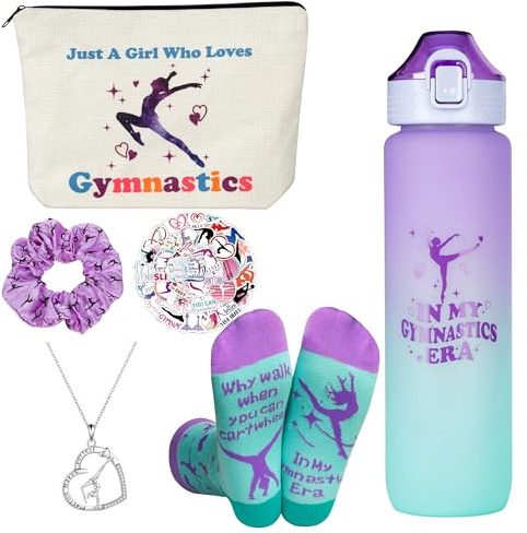GiftGlow Gymnastics Gifts for Girls - Gymnastics Water Bottle, Cosmetic Bag, Necklace, Scrunchie, Socks, 50 Pcs Stickers - Gymnastics Party Favors for Girls, Birthday Gifts for Gymnastics Lovers
