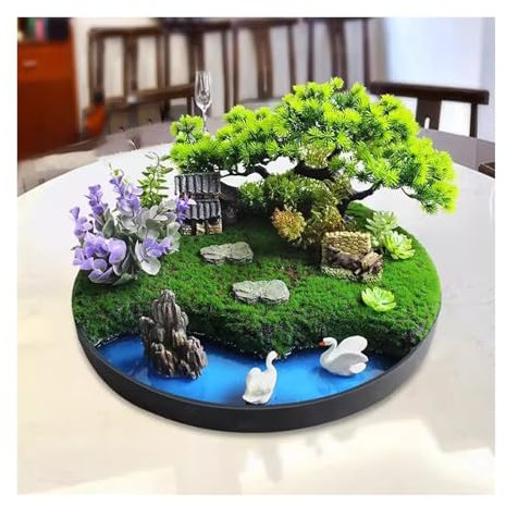 LICONG-2020 Tablescape Chinese Style Hotel Table Creative Decorative Turntable Ornaments Simulated Flower Micro Landscape Decoration Simulated Bonsai Decoration Round Table Simulated Landscape