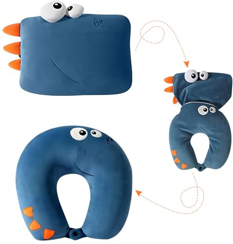 Jicyor Nackenkissen, 2 in 1 Nackenkissen Flugzeug Reisekissen Blau Dinosaurier Nackenhörnchen Geeignet für Kinder Jungen und Mädchen Teenager Reisekissen Flugzeug