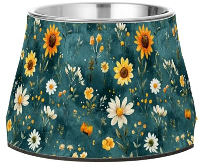 Autumn Flowers Sunflower Lily Rosemary Teal Raised Pets Water Bowl Non Slip Stainless Steel Feeder Pets Bowl for Slow Feed Dogs Whisker Relief