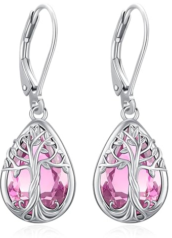 Eusense Boucles d'Oreilles Pendantes Arbre de Vie en Forme de Goutte d'Eau avec Zircon Rose Bijoux Cadeau pour Femme Idéal pour Noël et Anniversaires