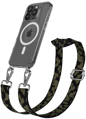 EAZY CASE Handykette - Verstellbares Taschenband kompatibel mit iPhone 16 Pro, Schulterriemen, Handykordel mit Silikon Hülle, Qi Charging kompatibel, Umhängetasche, Dunkelgrün Camouflage Silber