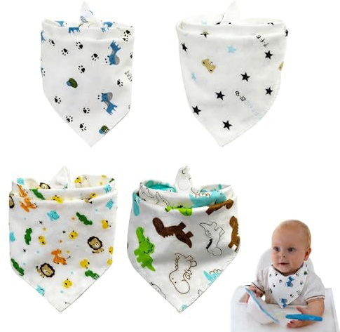 ZWWOGE 4 Unidades Baberos Bebé de Muselina Motifs Dinosaurio León Pañuelo Triángulo Ajustable para Niños y Niñas Babero Bandana Babero Absorbente Recién Nacido Algodón Babe Regalo Bebé de Tela
