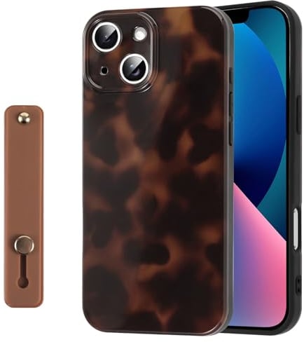 Rainway for iPhone 13 Case Cute Leopard Print Amber Tortoise Camera Protection for Women Girls with Wrist Adjustable Hand Strap Kickstand, Aesthetic Silicone Shockproof Protective Cover - Brown