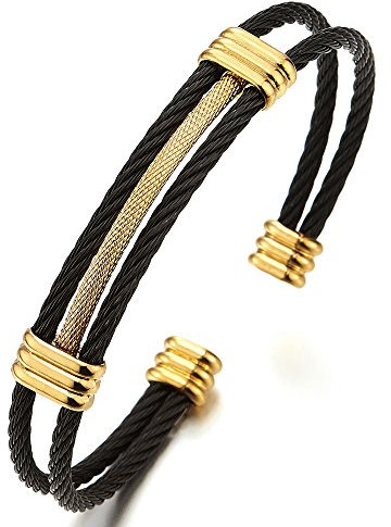COOLSTEELANDBEYOND Edelstahl Elastische Herren Damen Armband Verstellbare Stahlkabel Offenes Manschette Armreif - Gold Schwarz Zweifarbig