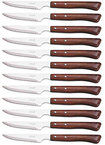 Arcos Serie Cuchillos de Mesa Caja 12 uds Cuchillo Chuletero, Hoja Serrada de Acero Inoxidable NITRUM de 110 mm, Mango Madera comprimida Color marrón (12 UDS)