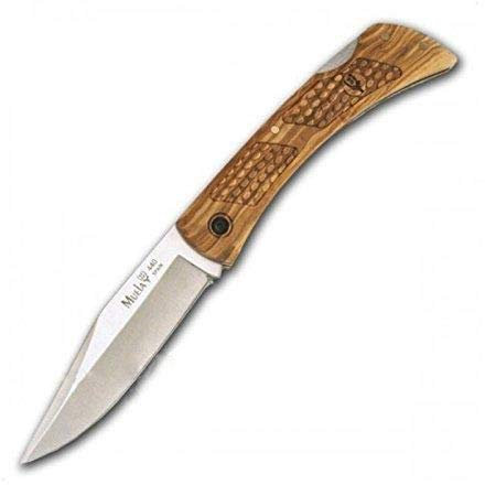 Muela Navaja BT-9.OL Hoja de acero MoVa de 9 cm y empuñadura de Olivo para Caza, Pesca, Supervivencia y Bushcraft Realizado en Ciudad Real + Portabotellas de regalo