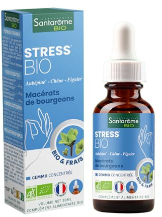 Santarome Bio - Stress Bio - Macérat de bourgeons - Complément Alimentaire Anti-Stress - Gémmothérapie - Aubépine, Chêne, Figuier - Flacon Pipette 30 ml - France