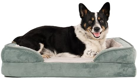Furhaven Kühlendes Gel-Hundebett für mittelgroße und kleine Hunde mit abnehmbaren Nackenrollen und waschbarem Bezug, für Hunde bis zu 15,9 kg – Plüsch & Samtwellen, perfektes Komfort-Sofa –
