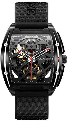 CIGADesign Montre mécanique automatique pour homme en acier inoxydable avec bracelet en silicone et cristal de saphir synthétique Noir