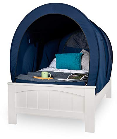Snuggy Betthimmel - Kinderzelt, Sichtschutz für Kinder I Baldachin Kinderzimmer, tragbares atmungsaktives Gewebe I Faltbares Design für Jungen und Mädchen I Indoorzelt (Marineblau, Einzelbett)
