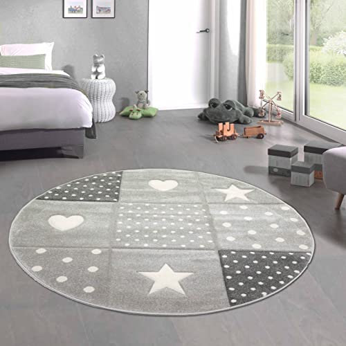 CARPETIA Kinderteppich Kinderzimmer Spiel Teppich Punkte Herz Stern Design Creme schwarz grau Größe 160 cm Rund