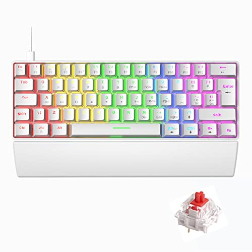 UK Layout Wired Gaming Keyboard with Wrist Rest Support, 60% Mechanical Keyboard 19 RGB Chroma Backlit 62 Keys Anti-Ghosting Ergonomic Keyboard Wrist Cushion Pad with Memory Foam-White/Red Switch